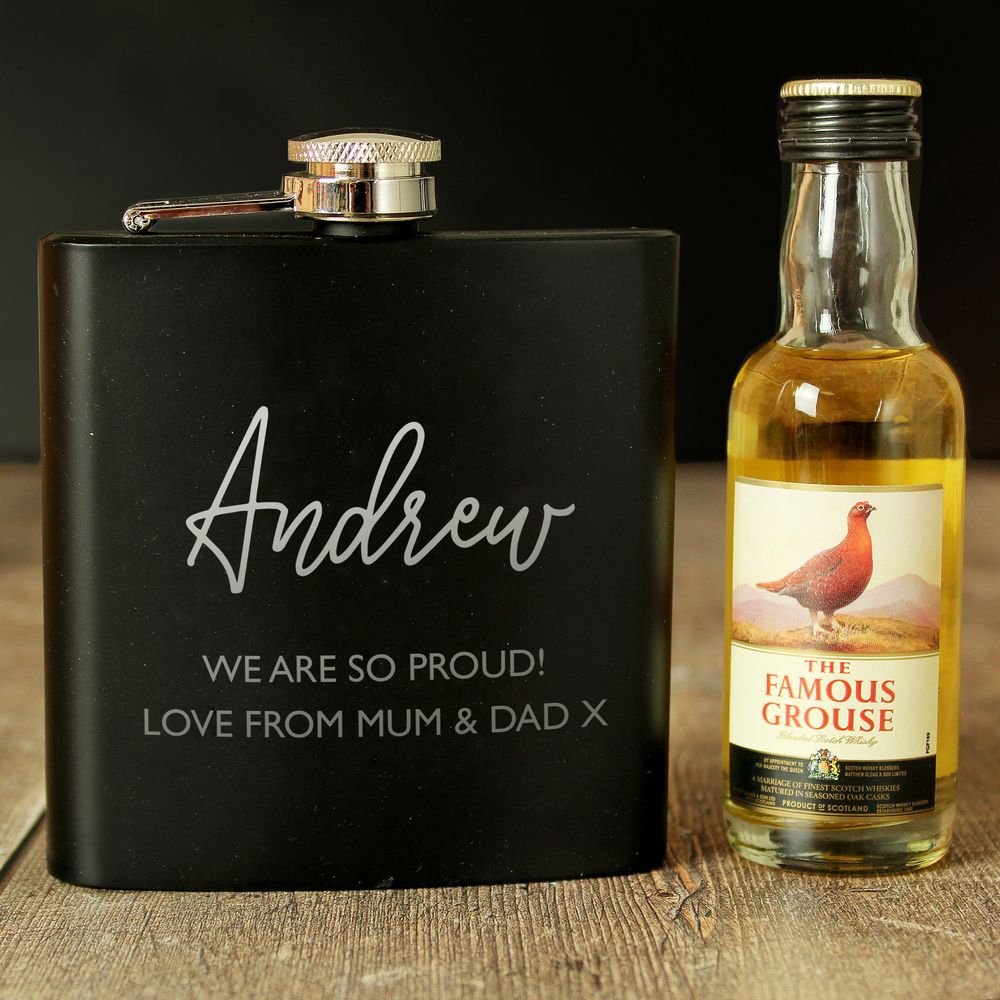 Personalised Free Text Hip Flask and Grouse Miniature Set Personalised Free Text Hip Flask and Grouse Miniature Set