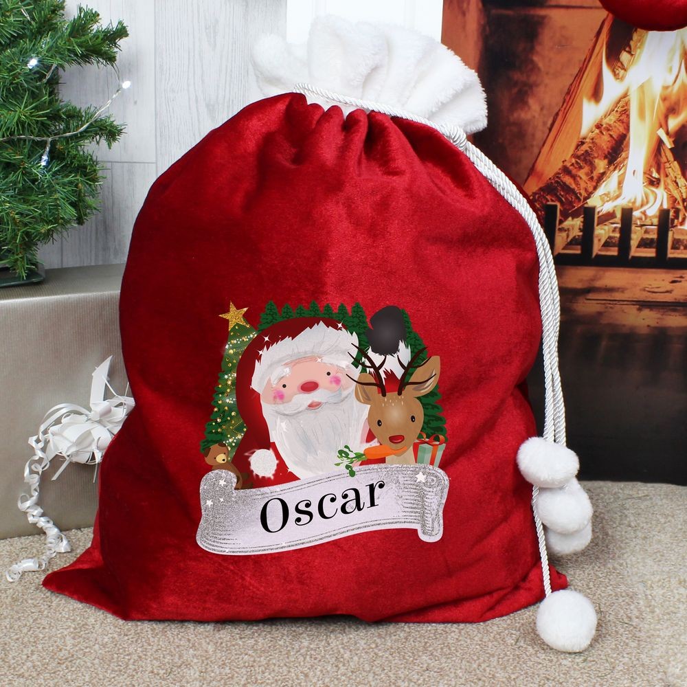 Personalised Reindeer Christmas Santa Sack Gift Bag Red Girl Boy Stocking 