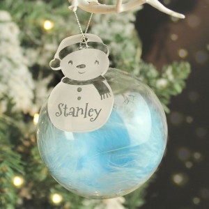 
                            Personalised Snowman Acrylic Blue Feather Bauble