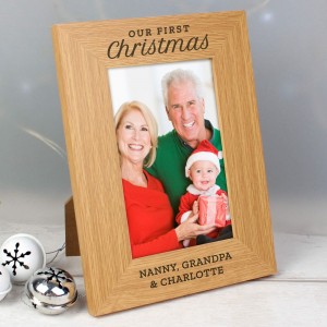 
                            Personalised "Our First Christmas" 6x4 Oak Finish Photo Frame