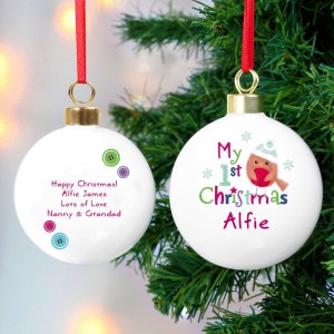 
                            Personalised Felt Stitch Robin "My 1st Christmas" Bauble