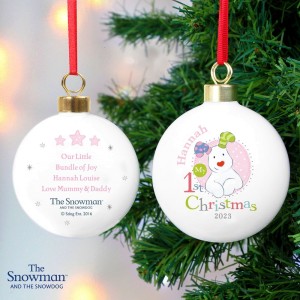 
                            Personalised The Snowman and the Snowdog My 1st Christmas Pink Bauble