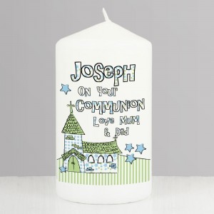 
                            Personalised Blue Church Pillar Candle