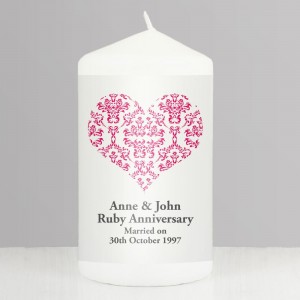 
                            Personalised Ruby Damask Heart Pillar Candle