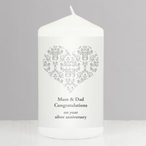 
                            Personalised Silver Damask Heart Pillar Candle