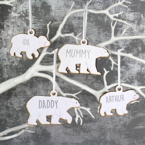 
                            Personalised Set of Four Polar Bear Family Wooden Hanging Decorations