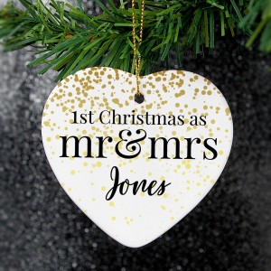 
                            Personalised Mr and Mrs 1st Christmas Ceramic Heart Decoration