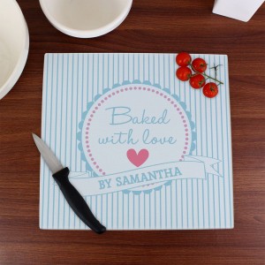 
                            Personalised Baked With Love Glass Chopping Board/Worktop Saver