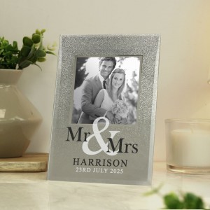 
                            Personalised Mr & Mrs 4x4 Glitter Glass Photo Frame