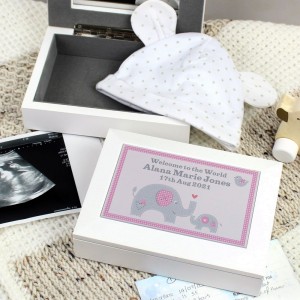 
                            Personalised Pink Baby Elephant White Wooden Keepsake Box