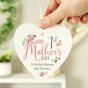 
                            Personalised Floral Bouquet 1st Mothers Day Wooden Heart Decoration