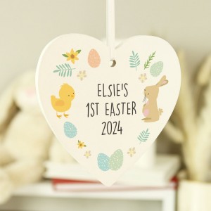 
                            Personalised Easter Bunny & Chick Wooden Heart Decoration