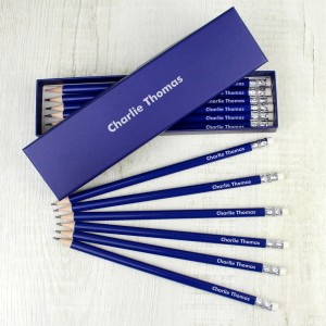 
                            Personalised Name Only Box and 12 Blue HB Pencils
