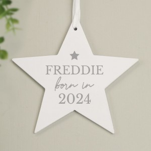 
                            Personalised Born In Wooden Star Decoration