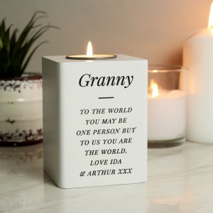 
                            Personalised Free Text White Wooden Tea light Holder