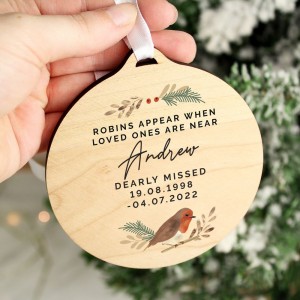 
                            Personalised Robin Memorial Round Wooden Decoration