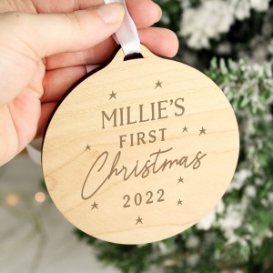 Personalised Baby's First Christmas Round Wooden Decoration