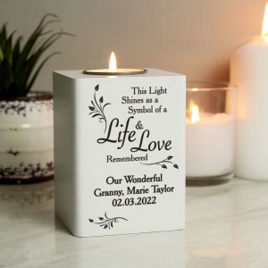 
                            Personalised Life & Love White Wooden Tea Light Holder