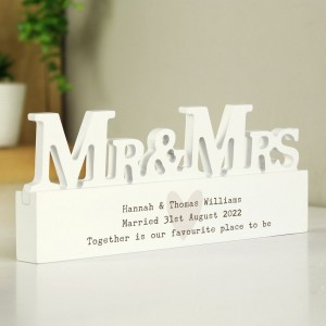 
                            Personalised Free Text Heart Wooden Mr & Mrs Ornament