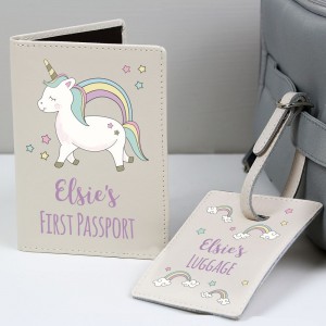
                            Personalised Baby Unicorn Cream Passport Holder & Luggage Tag Set