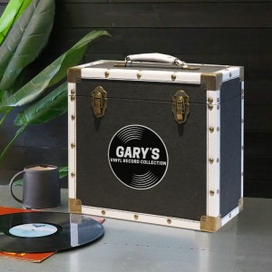 Personalised 12 Inch Vinyl Record Storage Box - Black Cloth with White Leather Trim - Record Sticker