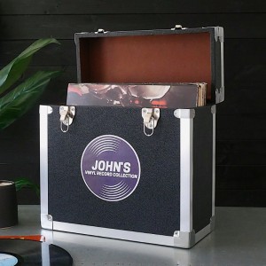 Personalised 12 Inch Vinyl Record Storage Box - Black Leather effect with Metal Trim - Record Sticker