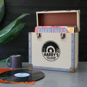 Personalised 12 Inch Vinyl Record Storage Box - Cream Cloth with Grey Leather Trim - Half Record Sticker