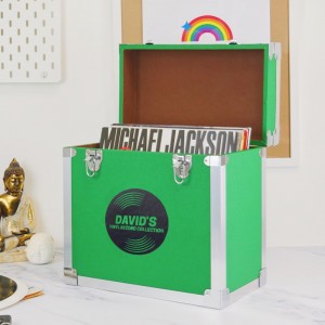
                            Personalised 12 Inch Vinyl Record Storage Box - Green Leather effect with Metal Trim - Record Sticker