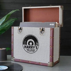 
                            Personalised 12 Inch Vinyl Record Storage Box - Grey Cloth with Brown Leather Trim - Half Record Sticker