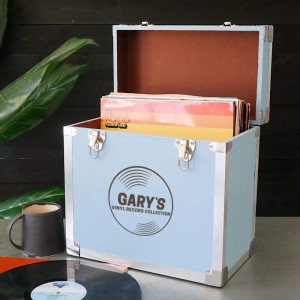 Personalised 12 Inch Vinyl Record Storage Box - Light Blue Leather effect with Metal Trim - Record Laser Etched