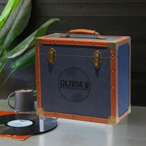 
                            Personalised 12 Inch Vinyl Record Storage Box - Navy Cloth with Brown Leather Trim - Record Laser Etched