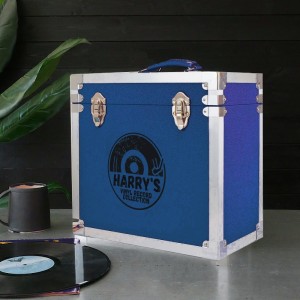 
                            Personalised 12 Inch Vinyl Record Storage Box - Navy Blue Leather effect with Metal Trim - Half Record Sticker