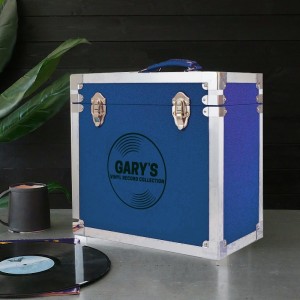 Personalised 12 Inch Vinyl Record Storage Box - Navy Blue Leather effect with Metal Trim - Record Laser Etched