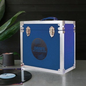 Personalised 12 Inch Vinyl Record Storage Box - Navy Blue Leather effect with Metal Trim - Record Sticker