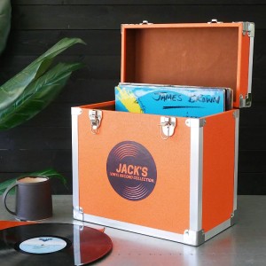 Personalised 12 Inch Vinyl Record Storage Box - Orange Leather effect with Metal Trim - Record Sticker