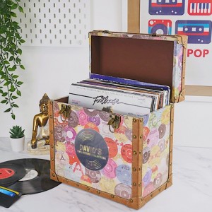 
                            Personalised 12 Inch Vinyl Record Storage Box - Retro Printed Cloth with Brown Leather Trim - Record Sticker