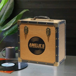 Personalised 12 Inch Vinyl Record Storage Box - Tan Cloth with Black Leather Trim - Record Sticker