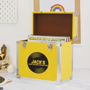 
                            Personalised 12 Inch Vinyl Record Storage Box - Yellow Leather effect with Metal Trim - Record Sticker