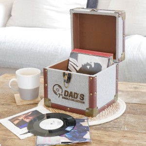 Personalised 7 Inch Vinyl Record Storage Box - Grey Cloth with Brown Leather Trim - Record Laser Etched