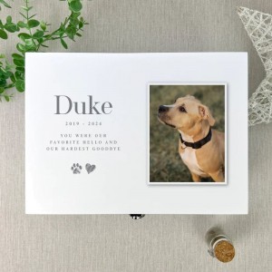 
                            Personalised Luxury White Sketch Pet Photo Memorial Keepsake Box - 30cm 