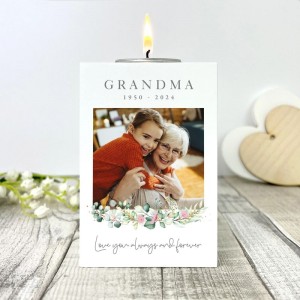 
                            Personalised Memorial Floral White Wooden Photo Tea Light Holder - Large Type