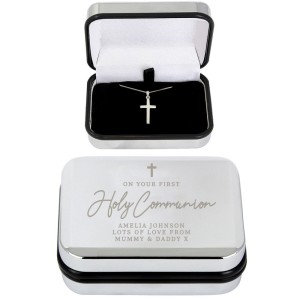 
                            Personalised First Holy Communion Box & Cross Necklace Set