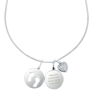 
                            Personalised Sterling Silver Footprints and Cubic Zirconia Heart Necklace
