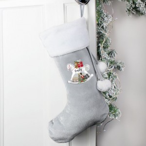 
                            Personalised Rocking Horse Luxury Silver Grey Stocking