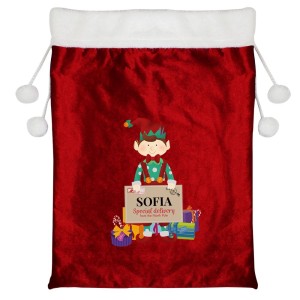 
                            Personalised Christmas Elf Luxury Pom Pom Red Sack