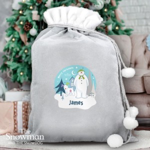 
                            Personalised The Snowman and the Snowdog Luxury Silver Grey Pom Pom Sack