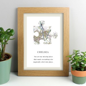 
                            Personalised Present Day Map Puzzle Piece A4 Oak Framed Print