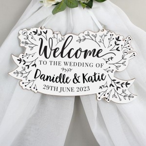 
                            Personalised Monochrome Floral Wedding Wooden Hanging Decoration