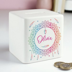
                            Personalised Dreamcatcher Ceramic Square Money Box