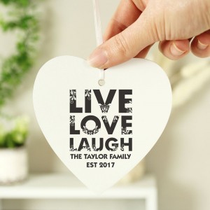 
                            Personalised Live Love Laugh Wooden Heart Decoration